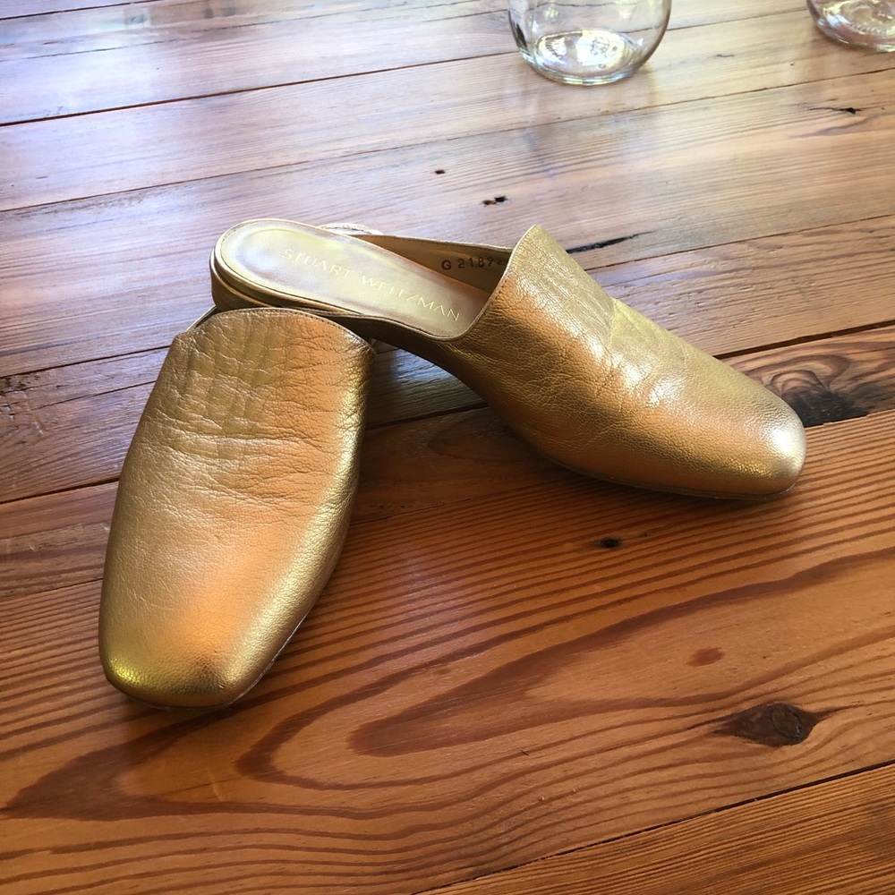 Stuart Weitzman gold mules